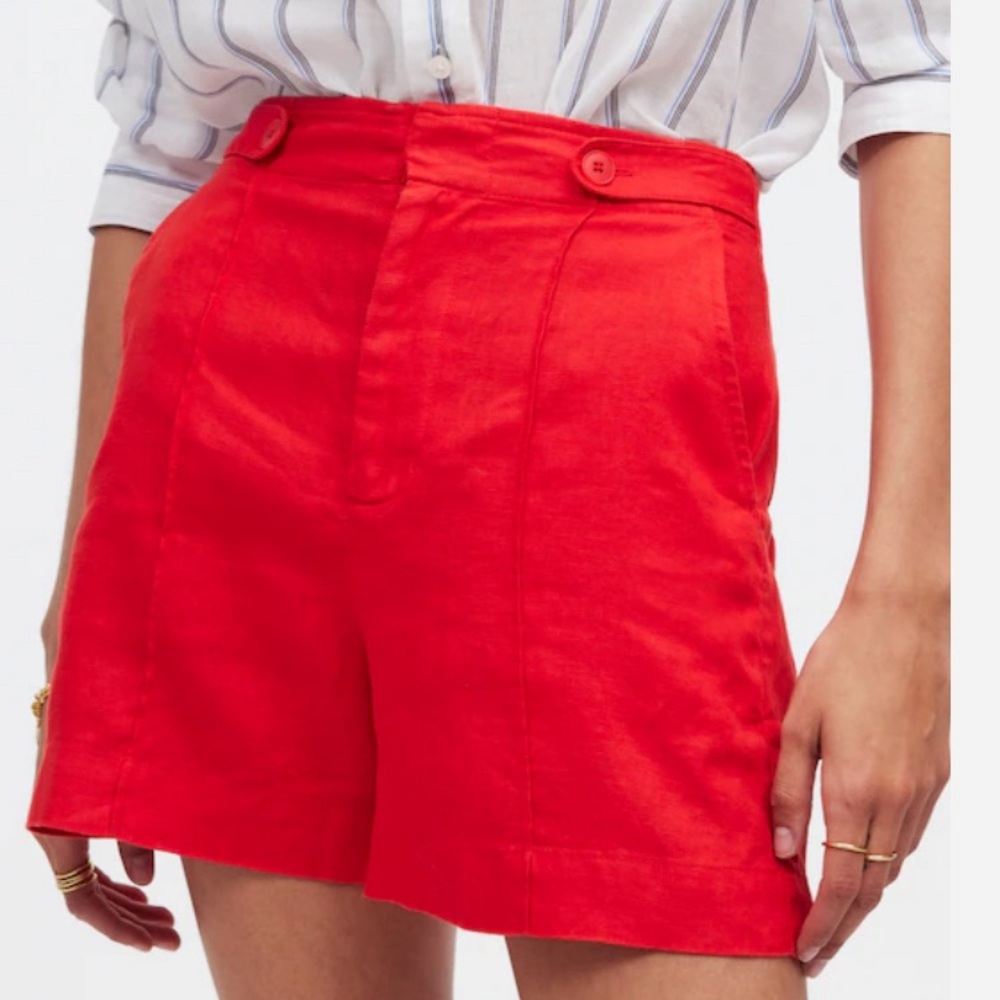 EUC Madewell Clean Button Tab Red Shorts 100% Linen, Size 14